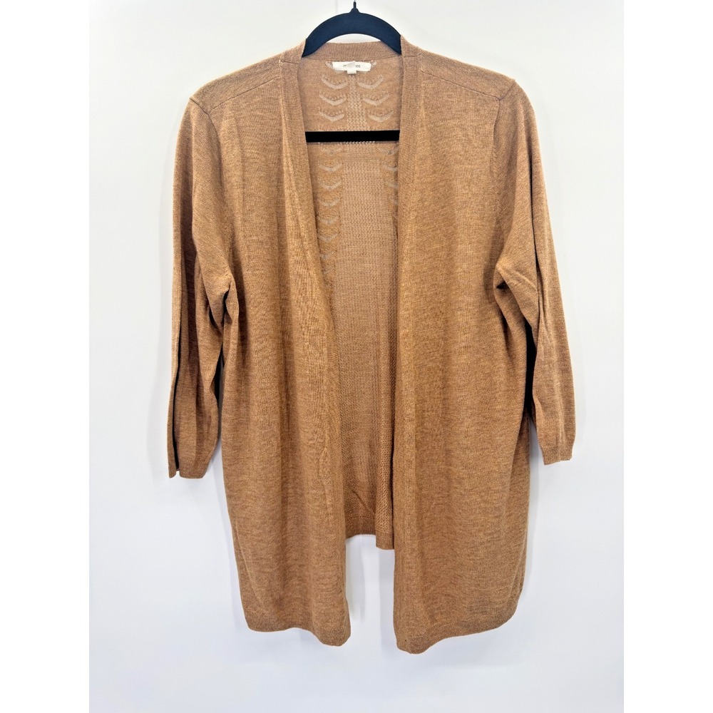 Maurices Pointelle Knit Cardigan Large 3/4 Sleeve Tan Neutral Cottage Wool Blend